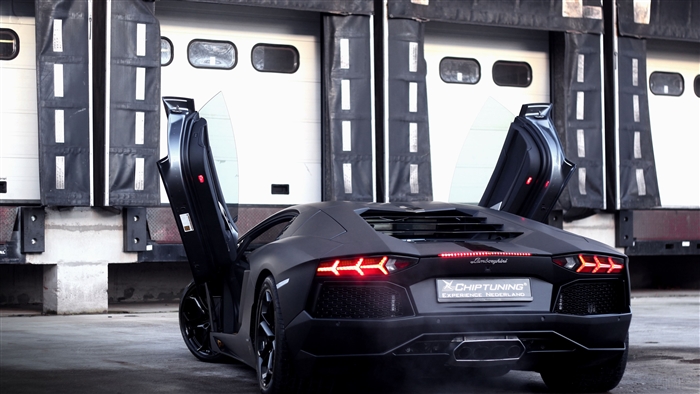 Matte black Lamborghini Aventador with doors open 4K