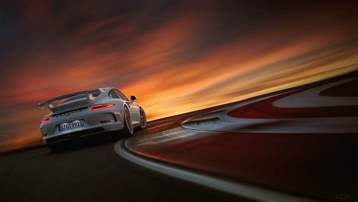 Porsche 911 GT3 RS on a Racetrack at Sunset