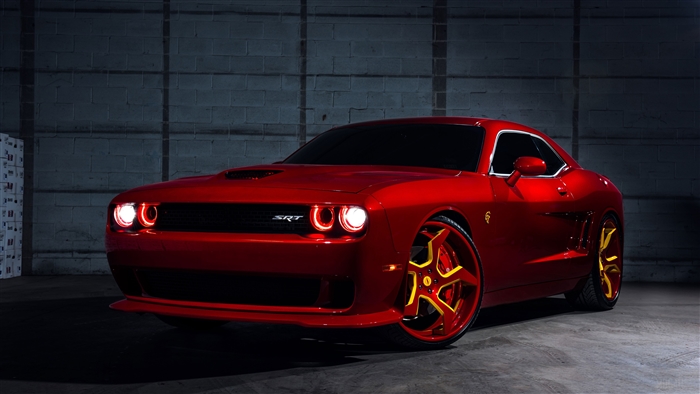 Red Dodge Challenger SRT Hellcat with Yellow Rims 4K