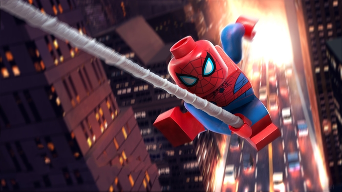 Lego Spiderman swinging through a city