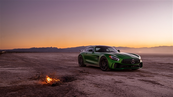 Green Mercedes-AMG GT R in desert at sunset 4K
