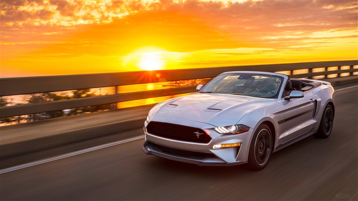 2019 Ford Mustang GT Convertible driving at sunset