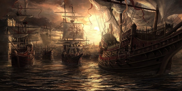Fantasy Fleet of Ancient Ships at Sunset