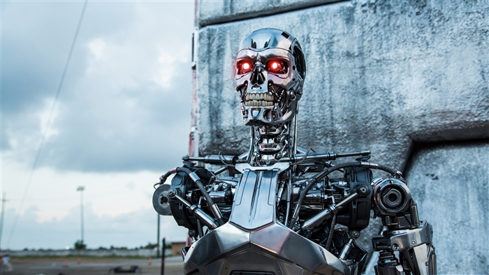 Terminator T-800 Robot with Glowing Red Eyes 4K