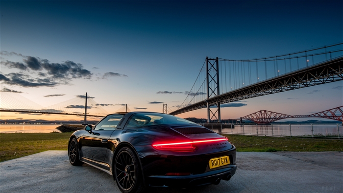 Black Porsche 911 Targa 4k at Forth Bridges