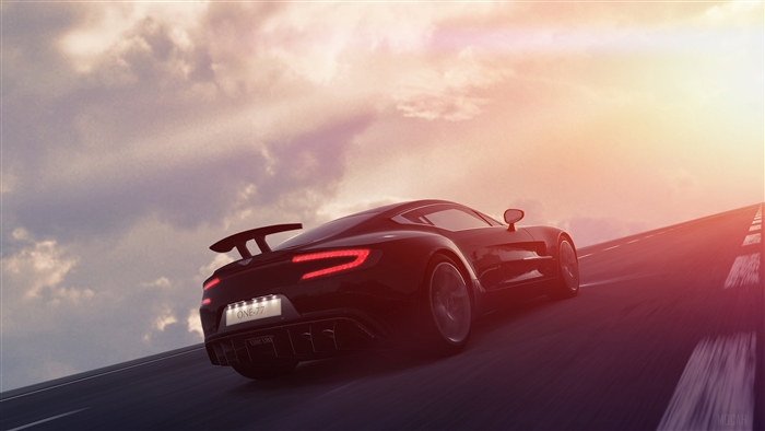 Black Aston Martin One-77 driving on a road
