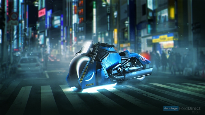 Blue police hoverbike in futuristic city street 4K