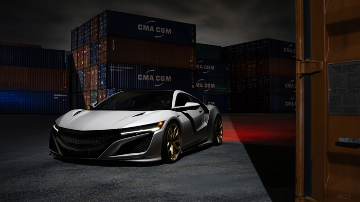 White Acura NSX parked near shipping containers