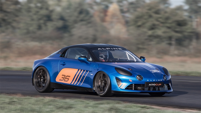 Blue Alpine A110 Cup race car with number 36