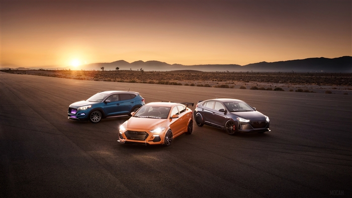 Hyundai Elantra Sport, Tucson, and Ioniq 5 at Sunset