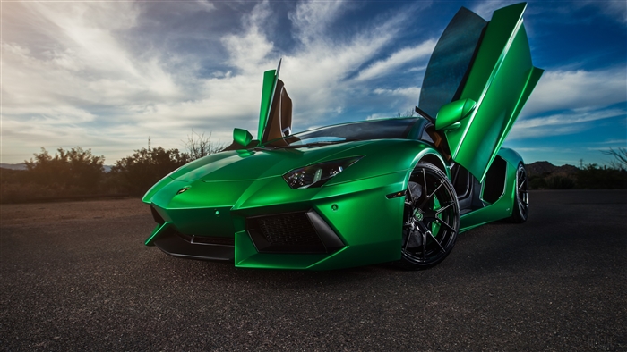 Green Lamborghini with Scissor Doors in Sunset 4K