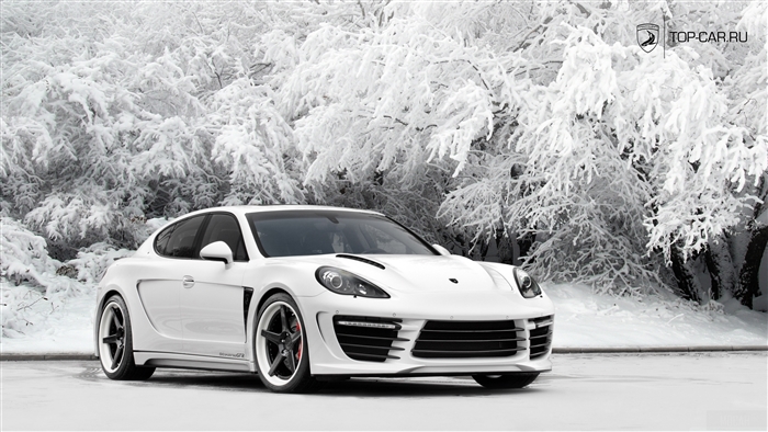 White Porsche Panamera GTS in snow