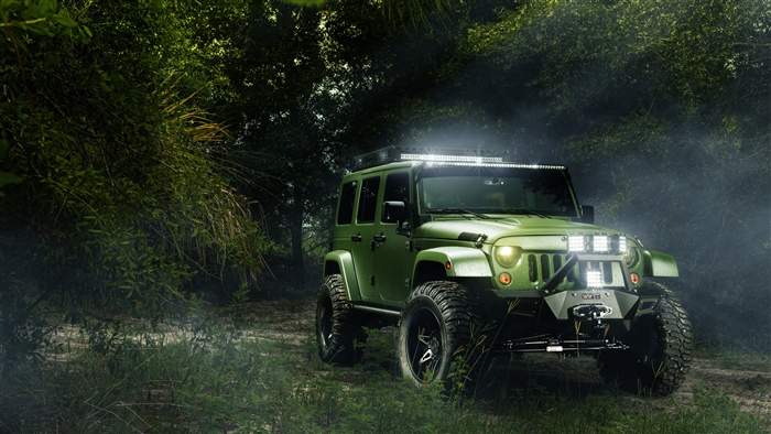 Green Jeep with LED Lights in Forest