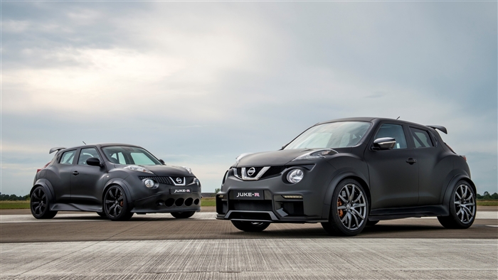 Two Nissan Juke-R cars on a runway