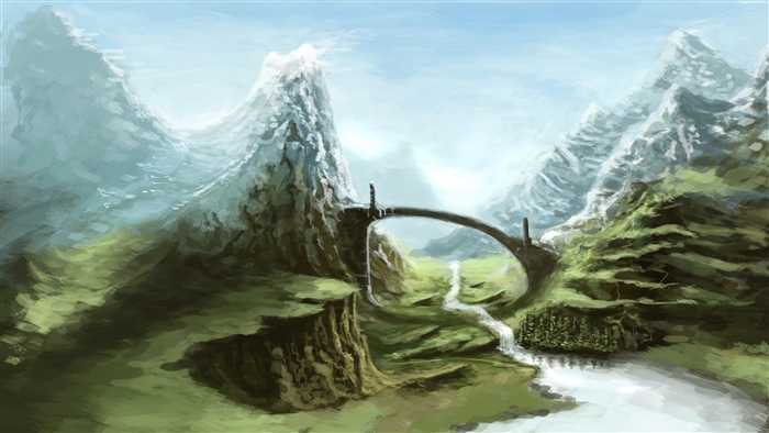 Fantasy landscape with bridge and mountains 4K