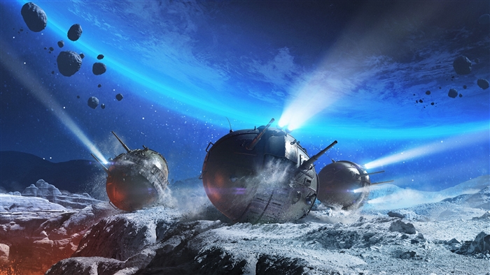Spherical tanks on an alien planet with a ringed planet in the sky