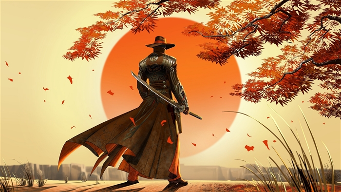 Samurai with Katana in front of a large orange sun