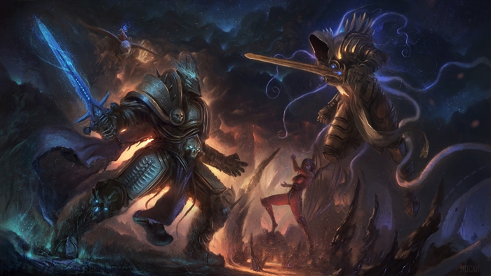 Arthas and Tyrael from Warcraft fighting