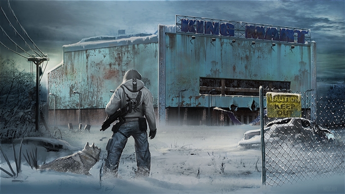 Man and dog in a post-apocalyptic winter city