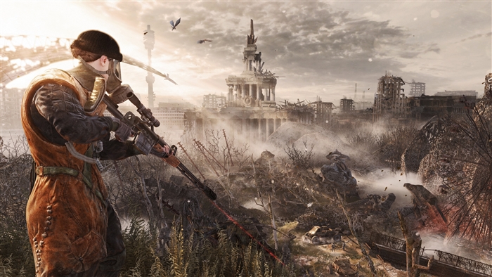 Metro Last Light Ranger with sniper rifle in ruined city