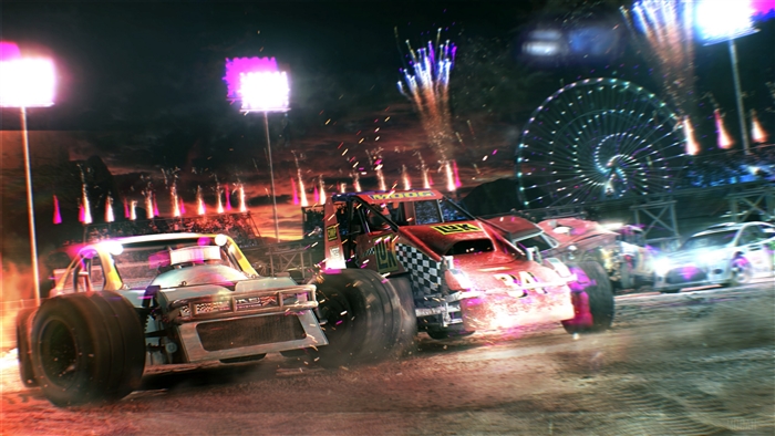 Dirt Showdown cars with fireworks and spotlights 4K