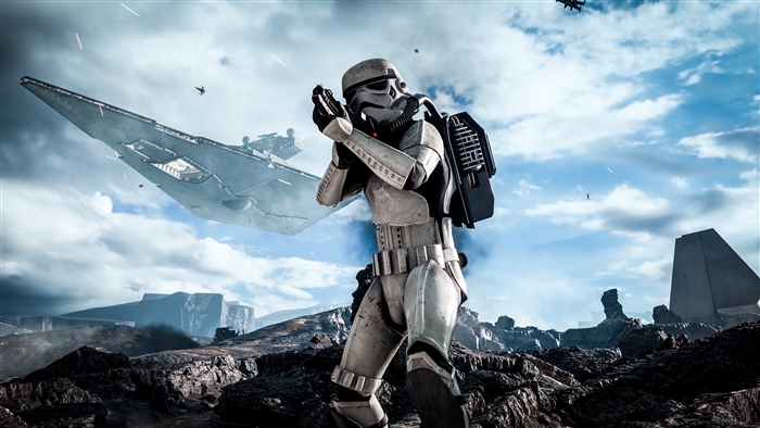 Stormtrooper aiming weapon with Star Destroyer in Star Wars Battlefront 4K
