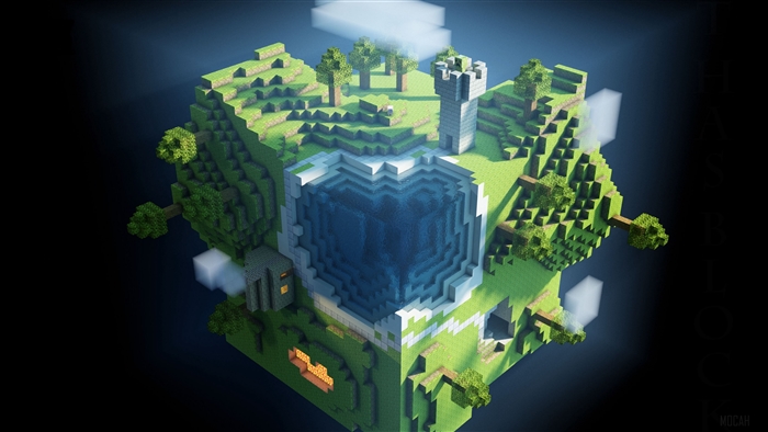 Minecraft cube world with lake and castle 4K