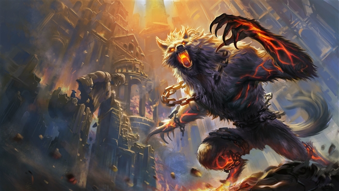 Smite Werewolf Battling Amid Fiery Castle Ruins 4K