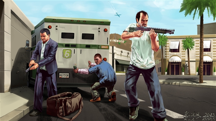 Grand Theft Auto V characters during a heist