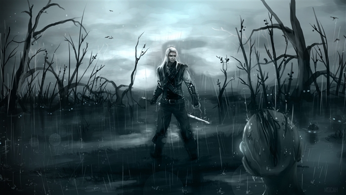 Geralt from The Witcher in a swamp