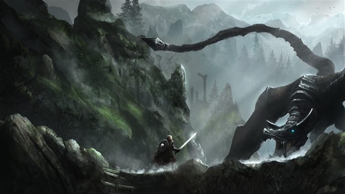 Warrior facing a dragon in Skyrim 4K