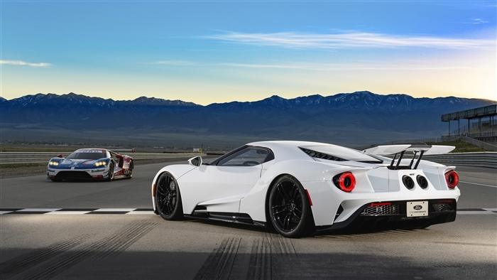 Two Ford GT cars on a racetrack with mountains