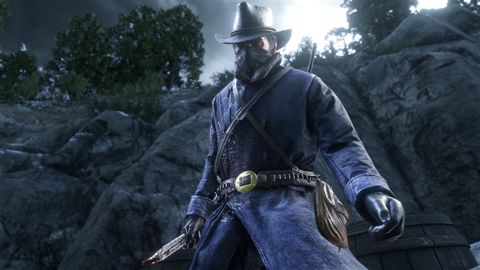 Man in blue coat and hat from Red Dead Redemption 2