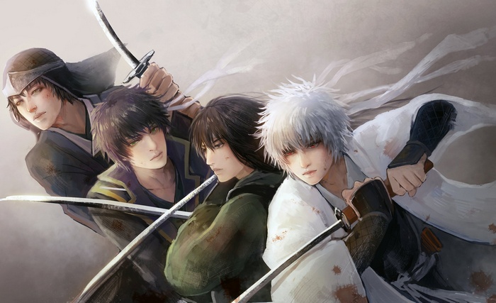 Four samurai from Gintama with swords