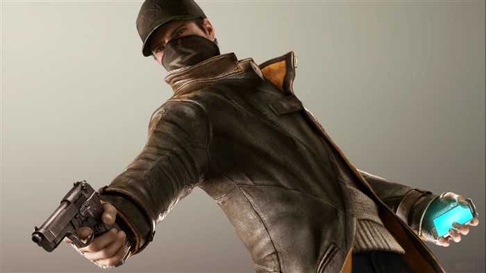 Aiden Pearce from Watch Dogs holding a gun and a device