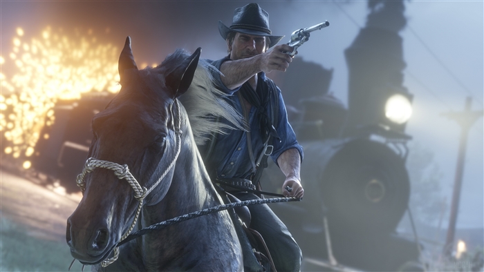 Arthur Morgan from Red Dead Redemption 2 on horseback with a gun