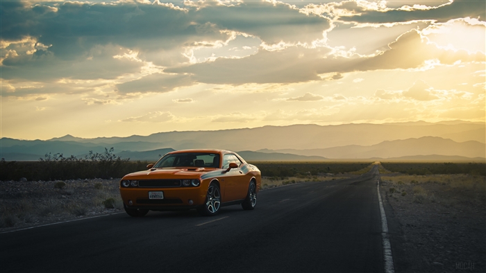 Orange Dodge Challenger on a desert road at sunset 4K