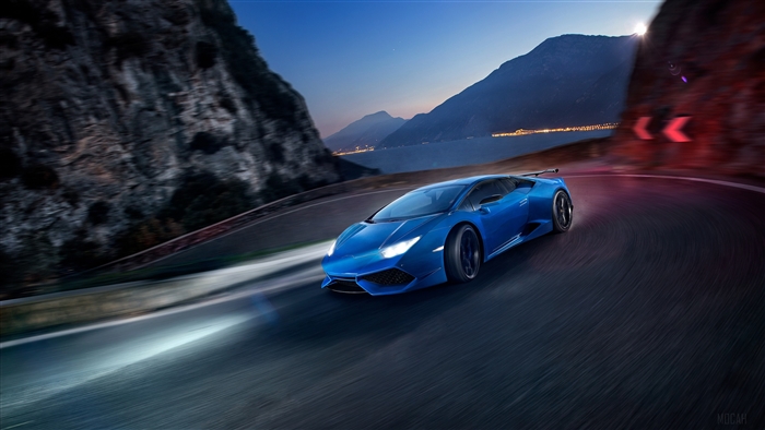 Blue Novitec Torado Lamborghini Huracan on a mountain road
