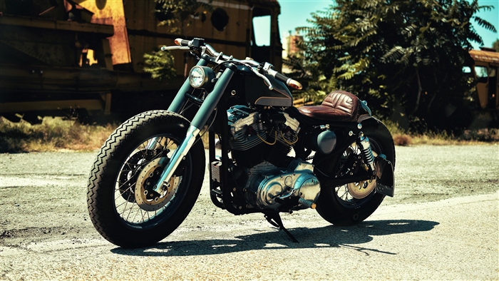 Custom motorcycle parked outdoors