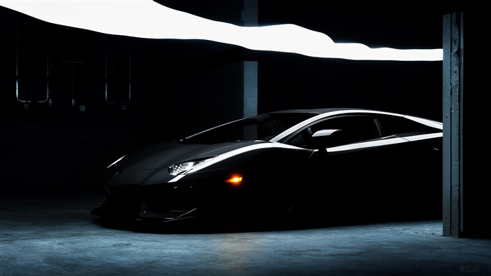 Black Lamborghini Aventador LP700-4 in a dark garage 4K