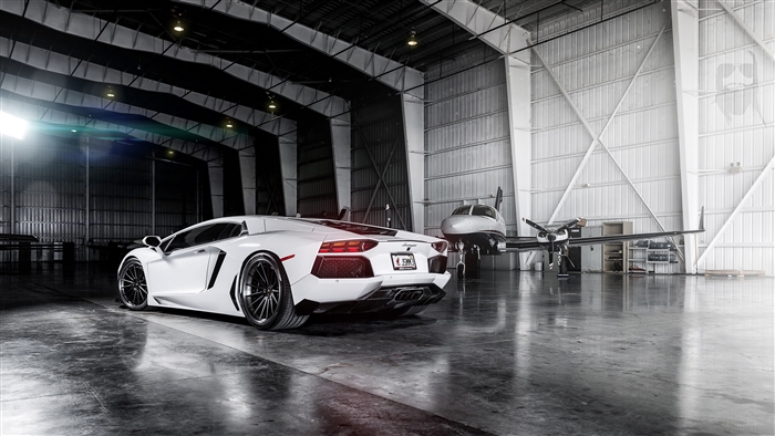 White Lamborghini Aventador LP700 in Hangar with Jet