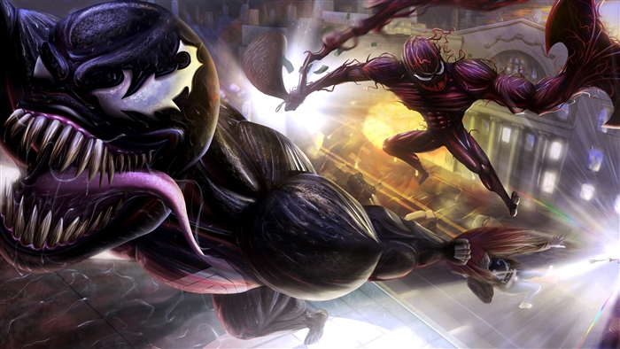 Venom and Carnage fighting in a city