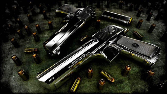 Two Shiny Metallic Guns Surrounded by Bullets