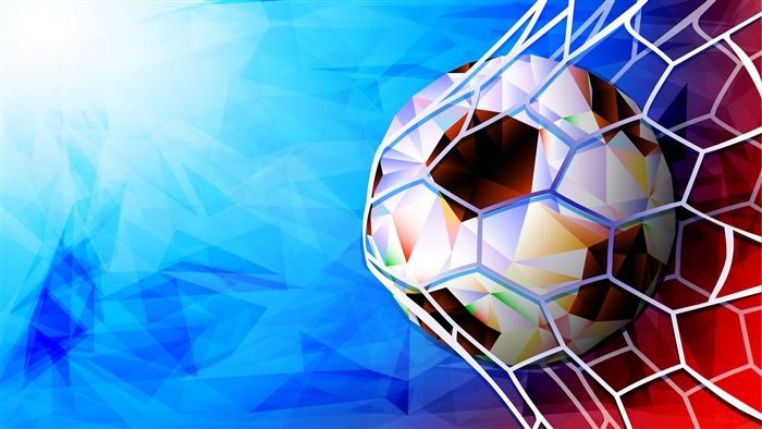 Soccer ball in net with abstract blue and red background