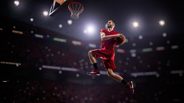 Basketball player in red uniform dunking 4K