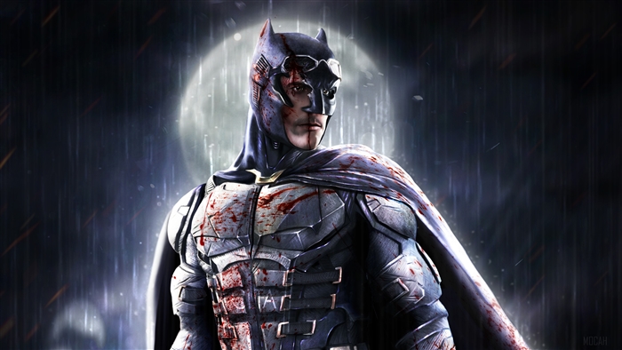 Batman covered in blood in the rain