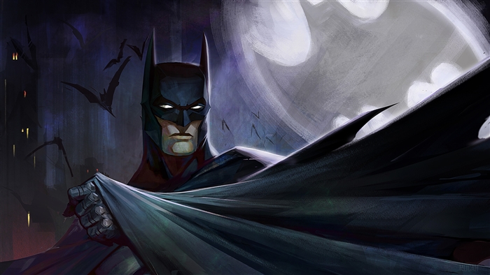 Batman in front of a large moon with bats flying