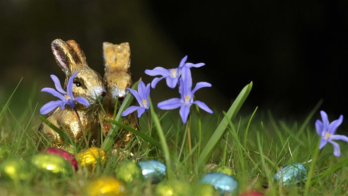 Chocolate rabbits and easter eggs in grass with flowers 4K