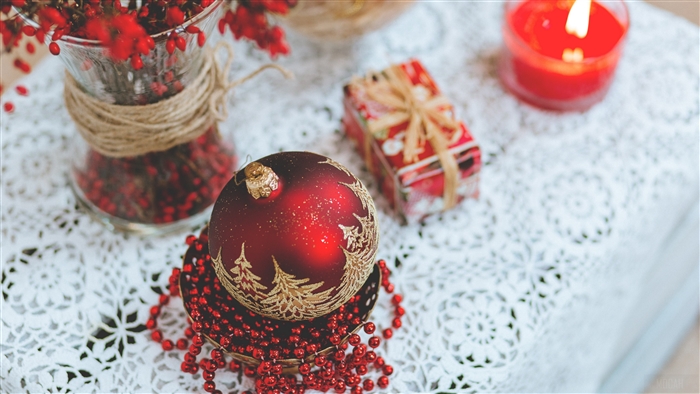 Christmas decorations with ball, candle, and gift 4K