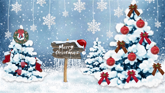 Christmas card with snowy trees and ornaments 4K